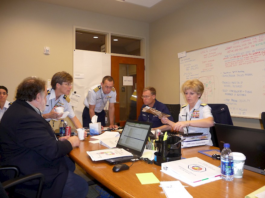 Fig. 2. A group meets during the Deepwater Horizon response, including Leonard Marcus on the left and RADM Mary Landry (an NPLI alum) on the far right. Landry was the Unified Area Commander during most of the response (Source: NPLI, 2010).