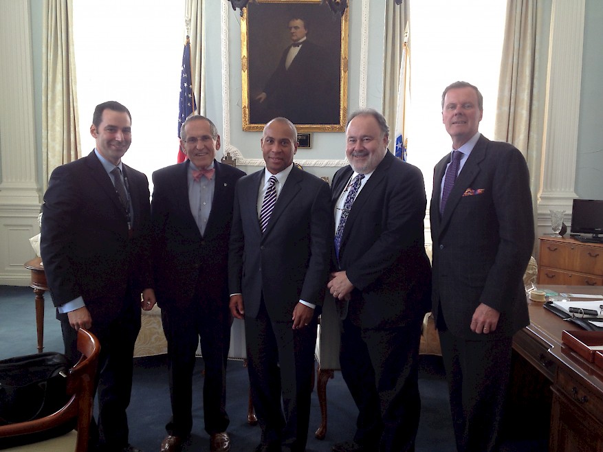 Fig. 3. Dr. Eric Goralnick, Dr. Barry Dorn, Gov. Deval Patrick, Leonard Marcus, and Eric McNulty at an interview regarding the Boston Marathon bombings (Source: NPLI, 2013).