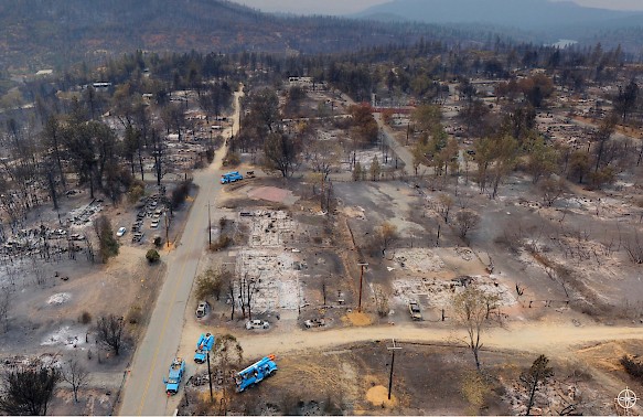 Fig. 1. Santa Rosa CA Wildfire. This is a HANGAR hi-res snapshot, which on a computer can be manipulated in a 360-degree view and zoomed into specific areas. This also reinforces the devastation and total destruction of almost all ground features which makes it difficult to know what area this involves. Agencies are now combining visual imagery with GIS so the drone imagery can be overlayed on geographic layers such as street centerlines and/or satellite map data to provide geographic location identifiers. Source: Courtesy of Alameda County CA Sheriffs Office (2020).
