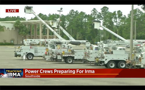 Screen Shot from News4Jax (September 8, 2017): Power crews publicly staging before Hurricane Irma.