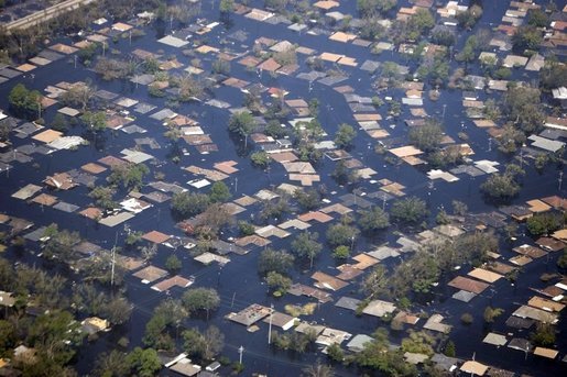 Flooding caused by Hurricane Katrina in the New Orleans area is visible from Air Force One as President Bush returned to Washington from Crawford Texas (Source: White House photo by Paul Morse, 31 August 2005).