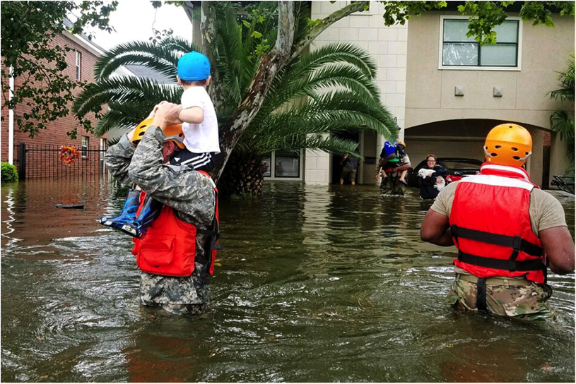 Texas National Guard and the U.S. Military aid victims in the aftermath of Hurricane Harvey in Houston (Source: Defense.gov, 27 August 2017).