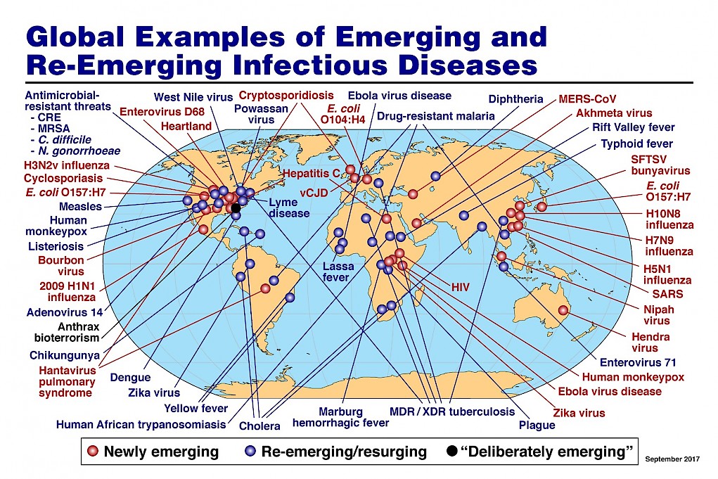Map showing global examples of emerging and re-emerging infectious diseases.